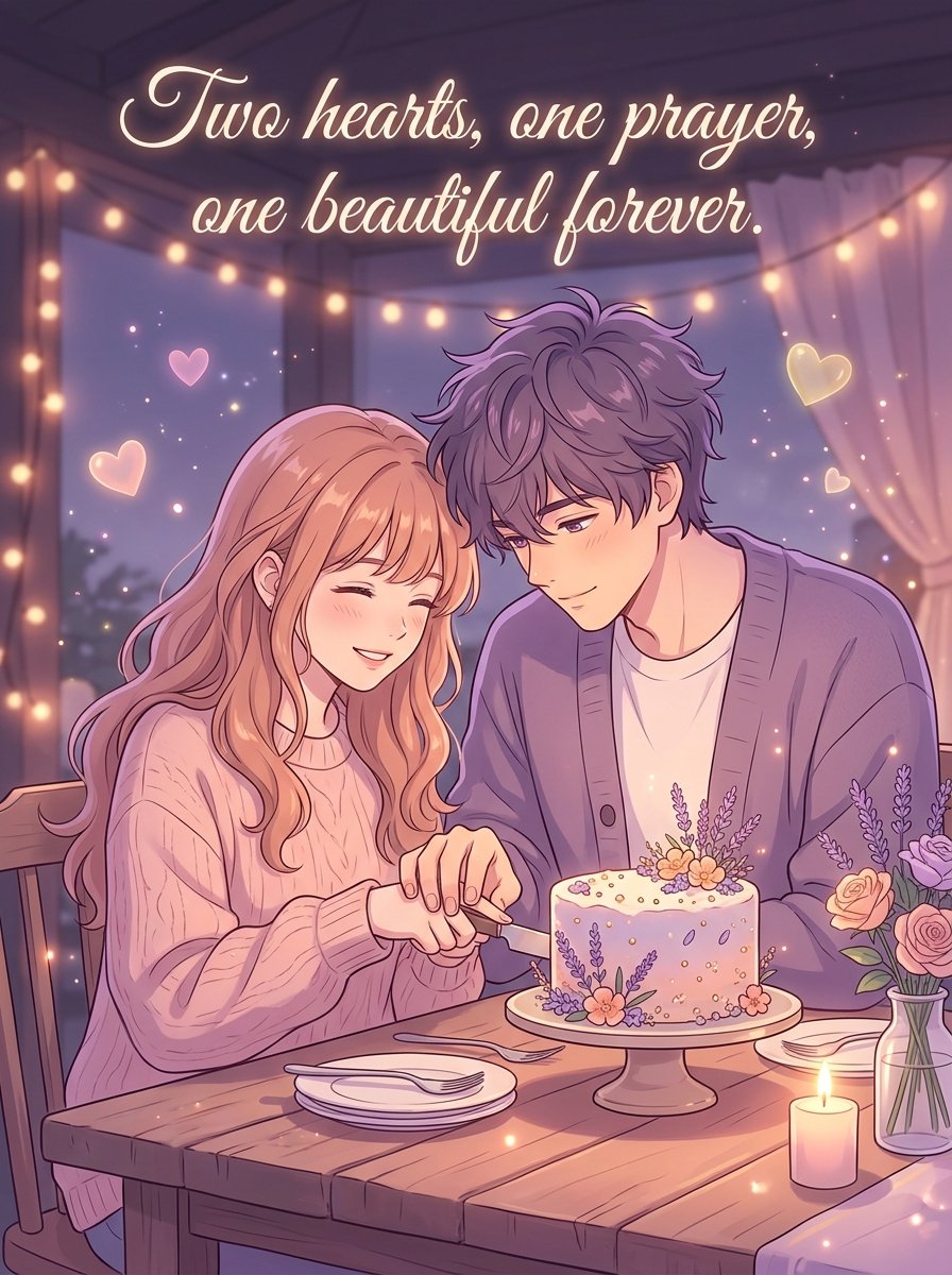 Happy anniversary wishes for a couple - Couple cutting an anniversary cake with lavender flowers